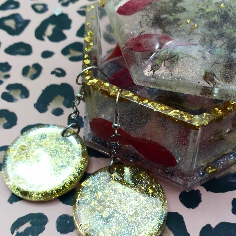 Handmade Resin Earrings Clear with Gold flakes